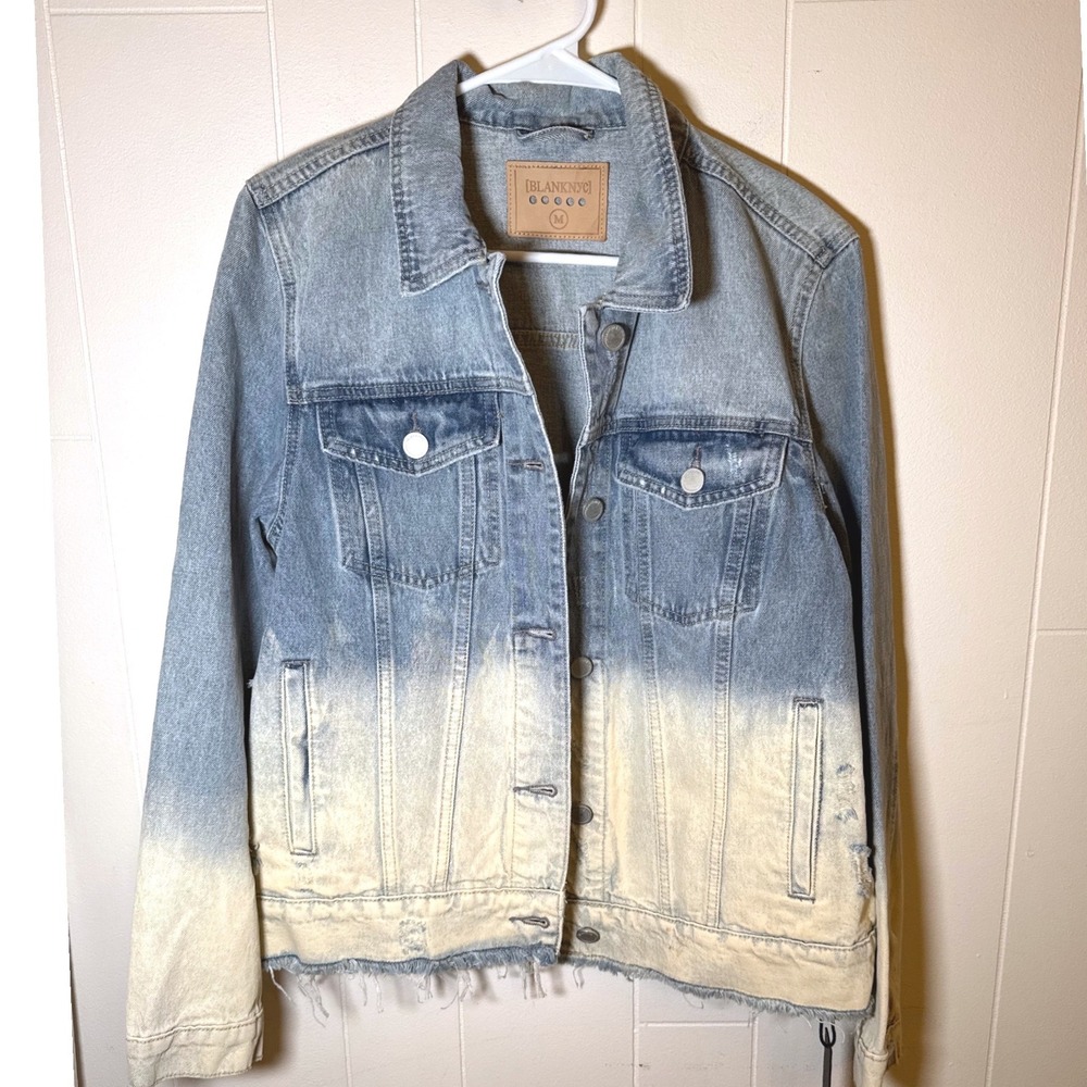 NWT Blank NYC Ombre Dip Dye Distressed Denim Jacket Blue White Womens M Overized